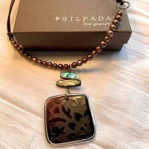 Silpada Etched Black Shell Pendant on Bronze Pearl and Brown Leather Necklace